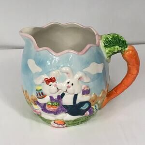 GKA Collector's Rabbit Couple Easter Egg Hunt Water Juice Pitcher Jug 7" Tall